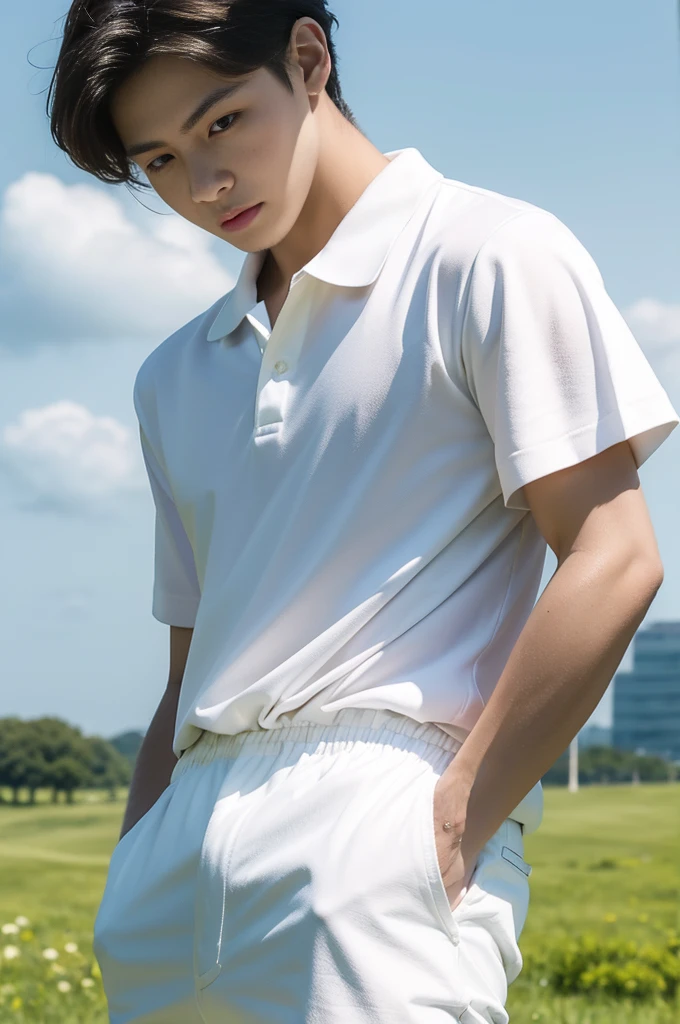 Young man in a white polo shirt Standing on the edge of the meadow with an expression on his face, looking into the distance Turn your head slightly.,Cloudy day, coffee shop