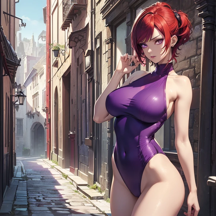 (absurdres, high fantasy artwork, best high quality image, carefuly detailed, very detailed features and textures, detailed color, detailed character, solo alone character multiple views)
{{(1character: 20 years old barbarian girl: (scarlet red red red short hair), (purple eyes with black pupils), (very thin lips, white skin, slender figure, medium , huge rounded butt, biful arms, broad shoulders, beautiful legs), (she wears: purple one-piece swimsuit), (she looks: seductive pose, very serious face, no sense of humor), (Scenery: medieval irish street celtic forniture)}}