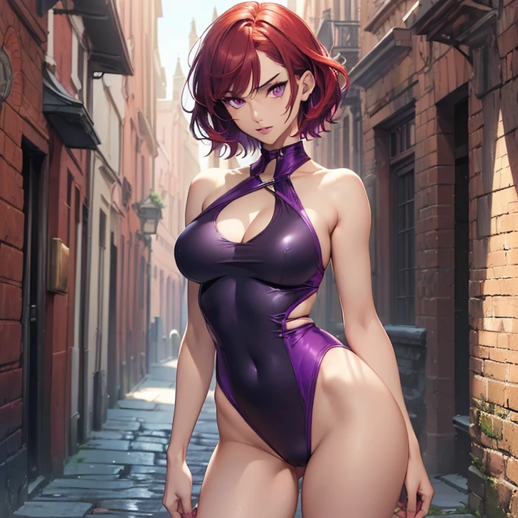 (absurdres, high fantasy artwork, best high quality image, carefuly detailed, very detailed features and textures, detailed color, detailed character, solo alone character multiple views)
{{(1character: 20 years old barbarian girl: (scarlet red red red short hair), (purple eyes with black pupils), (very thin lips, white skin, slender figure, medium breasts, huge rounded butt, beautiful arms, broad shoulders, beautiful legs), (she wears: purple one-piece swimsuit), (she looks: seductive pose, very serious face, no sense of humor), (Scenery: medieval irish street celtic forniture)}}