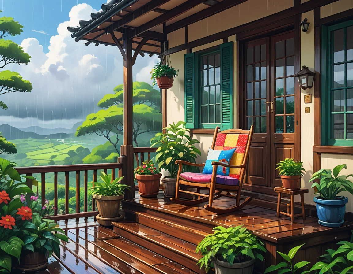 A country house porch with a comfortable rocking chair with a patchwork cushion, potted plant on the wooden railing with varnished balusters, setting surrounded by a beautiful and peaceful rainy landscape, rainy afternoon. niji anime art, studio ghibli, rossdraws, loish, ryan lee, 4k realistic ultra detailed, deep focus, vibrant colors, high saturation, high contrast, very high resolution, HDR, 8k, masterpiece, best quality
