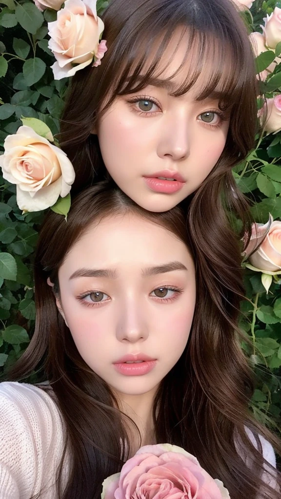 beautiful European woman, really has a European face. has wavy hazel brown hair and parted bangs. sharp sea blue eyes, sharp nose, soft pink lips, and slim has white skin, thick straight eyebrows, is sleeping in a pile of pink roses, is tied by a chain and his hands are also tied and bleeding.then add effects