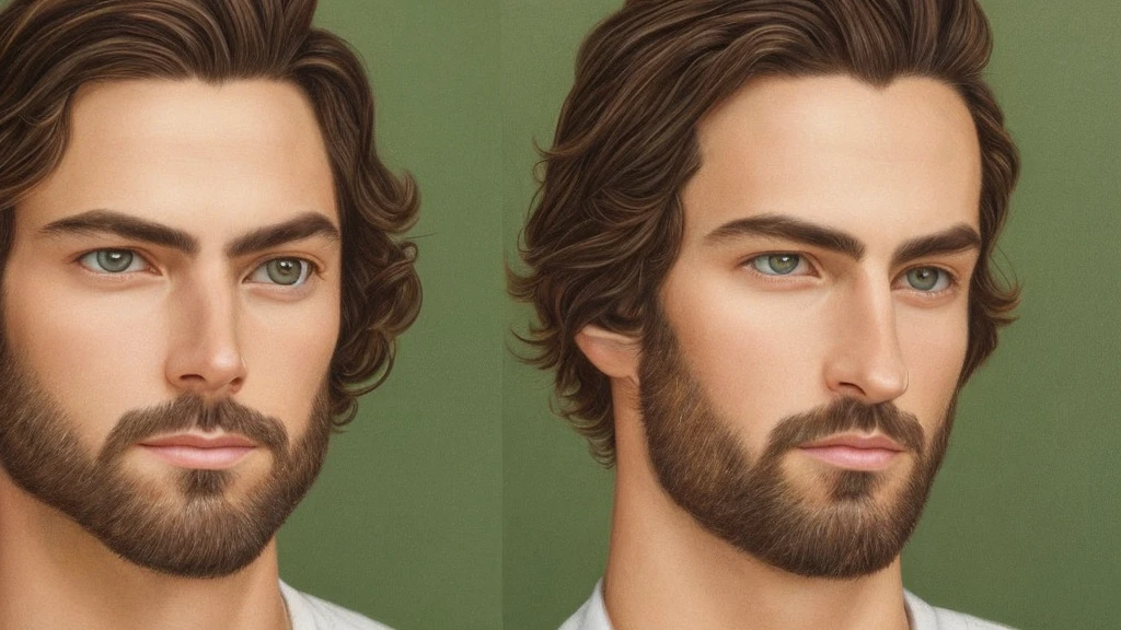 A highly detailed, photorealistic portrait of a man with shoulder-length dark brown hair with golden highlights, piercing on his left upper ear, and greenish eyes, set against a plain white background, masterpiece, 4k, ultra-detailed, sharp focus, physically-based rendering, extreme detail description, professional, vivid colors, studio lighting