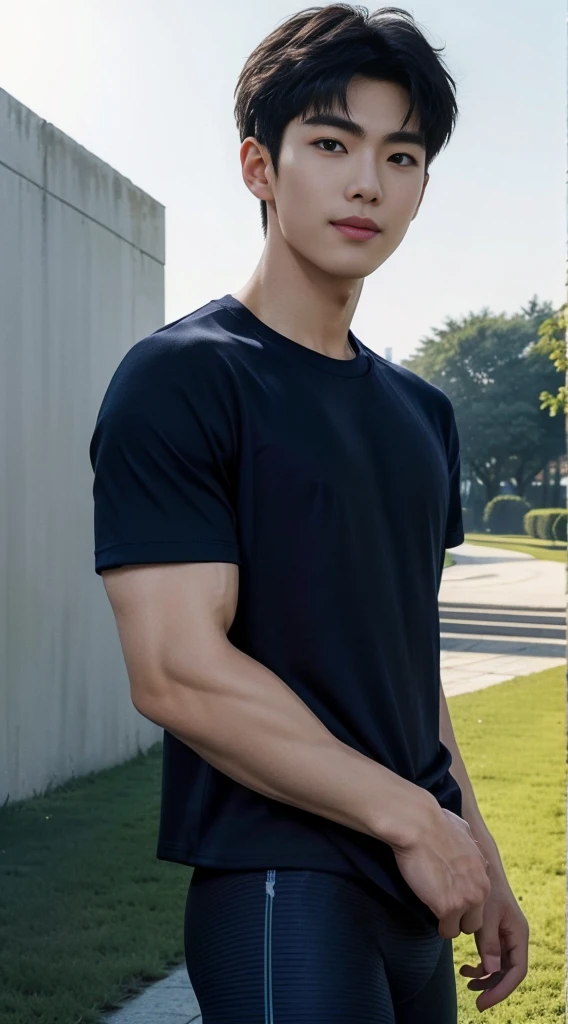 (As a matter of fact, Masterpiece, 8k HD, good light quality, sportswear, fit the face, complicated details), A handsome, muscular young Korean man. ,(Broad shoulders:1.3), 20 years old, be happy, smile brightly, detailed face, delicate eyes, มองดูsky, (Wear a navy tight T-shirt.:1.6), period, black eyes, Black hair color, ผมsmooth, smooth, outdoor sports, Along the garden, Sunny,sky,Surreal,Awesome details,Highest quality,real,(Open your mouth to talk.:1.3)