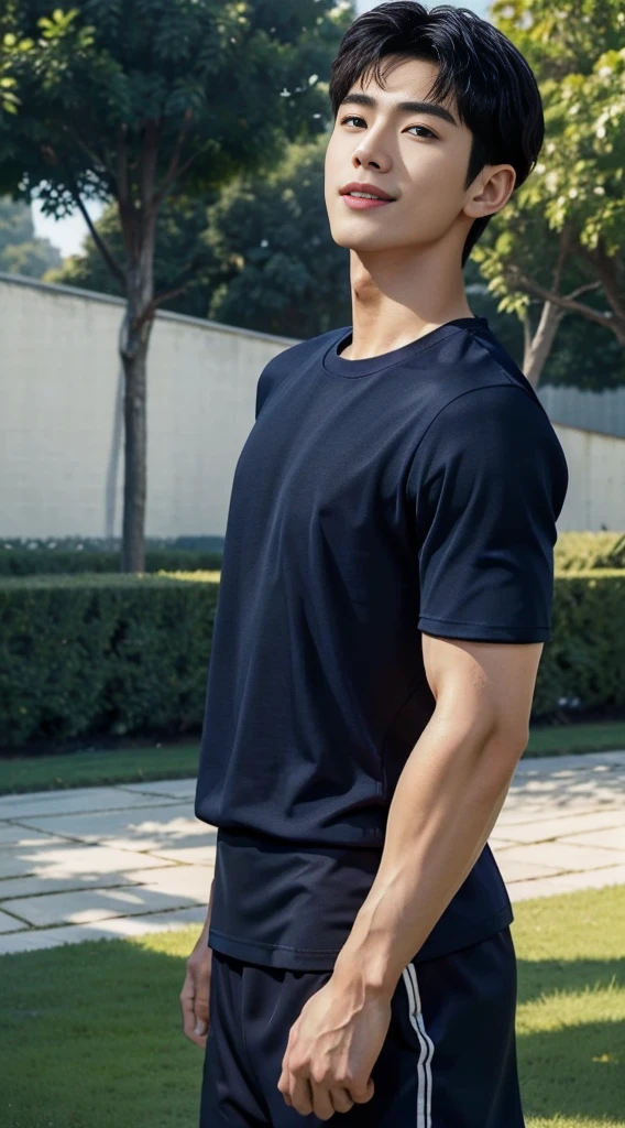 (As a matter of fact, Masterpiece, 8k HD, good light quality, sportswear, fit the face, complicated details), A handsome, muscular young Korean man. ,(Broad shoulders:1.3), 20 years old, be happy, smile brightly, detailed face, delicate eyes, มองดูsky, (Wear a navy tight T-shirt.:1.6), period, black eyes, Black hair color, ผมsmooth, smooth, outdoor sports, Along the garden, Sunny,sky,Surreal,Awesome details,Highest quality,real,(Open your mouth to talk.:1.3)