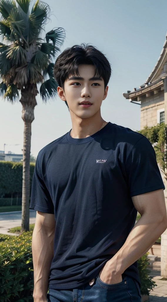 (As a matter of fact, Masterpiece, 8k HD, good light quality, sportswear, fit the face, complicated details), A handsome, muscular young Korean man. ,(Broad shoulders:1.3), 20 years old, be happy, smile brightly, detailed face, delicate eyes, มองดูsky, (Wear a navy tight T-shirt.:1.6), period, black eyes, Black hair color, ผมsmooth, smooth, outdoor sports, Along the garden, Sunny,sky,Surreal,Awesome details,Highest quality,real,(Open your mouth to talk.:1.3)