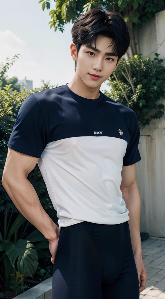 (As a matter of fact, Masterpiece, 8k HD, good light quality, sportswear, fit the face, complicated details), A handsome, muscular young Korean man. ,(Broad shoulders:1.3), 20 years old, be happy, smile brightly, detailed face, delicate eyes, มองดูsky, (Wear a navy tight T-shirt.:1.6), period, black eyes, Black hair color, ผมsmooth, smooth, outdoor sports, Along the garden, Sunny,sky,Surreal,Awesome details,Highest quality,real,(Open your mouth to talk.:1.3)