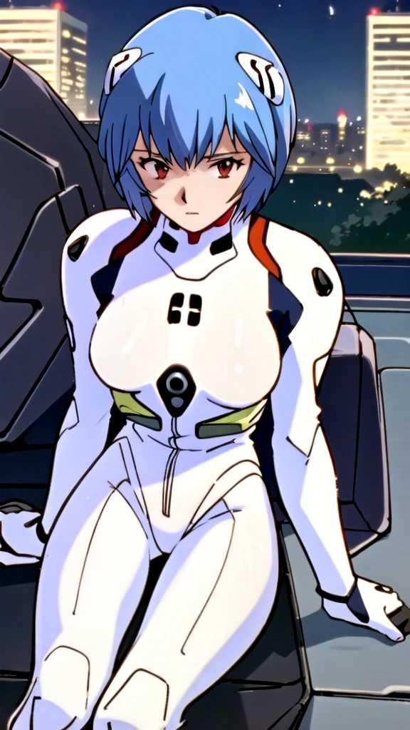 (masterpiece, Highest quality, detailed), One girl, alone, Pikiyanami, View your viewers, Blue Hair, short hair, bangs, Red eyes, chest, , white Bodysuits, Plug Suit, Bodysuits, Interface Headset, Pilot Suit,
Sitting, Arm support, Outdoor, rooftop, Cityscape, night, scenery, 