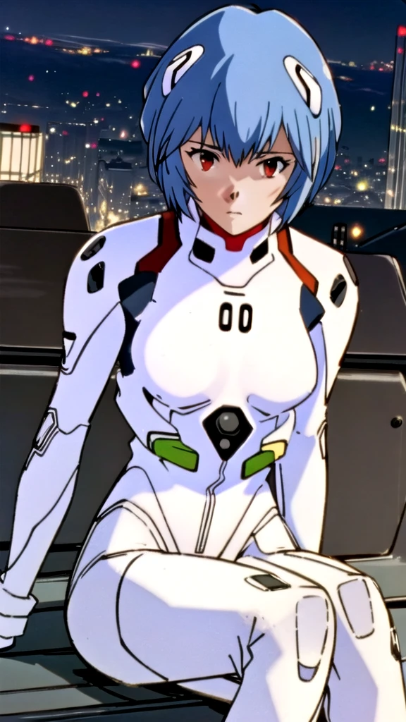 (masterpiece, Highest quality, detailed), One girl, alone, Pikiyanami, View your viewers, Blue Hair, short hair, bangs, Red eyes, chest, , white Bodysuits, Plug Suit, Bodysuits, Interface Headset, Pilot Suit,
Sitting, Arm support, Outdoor, rooftop, Cityscape, night, scenery, 