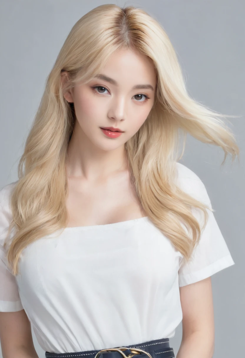 （（（European Caucasian Woman）））、（（（Mary, 18 years old）））、one person、（Thin contours、Grey Eye:1.5）、（Thin contours）、Big Breasts、Narrow waist、（（（White and translucent skin:1.3）））、Beautiful, shiny blonde medium-long hair、8-head-tall model style、Waist-down angle、Tokyo city、