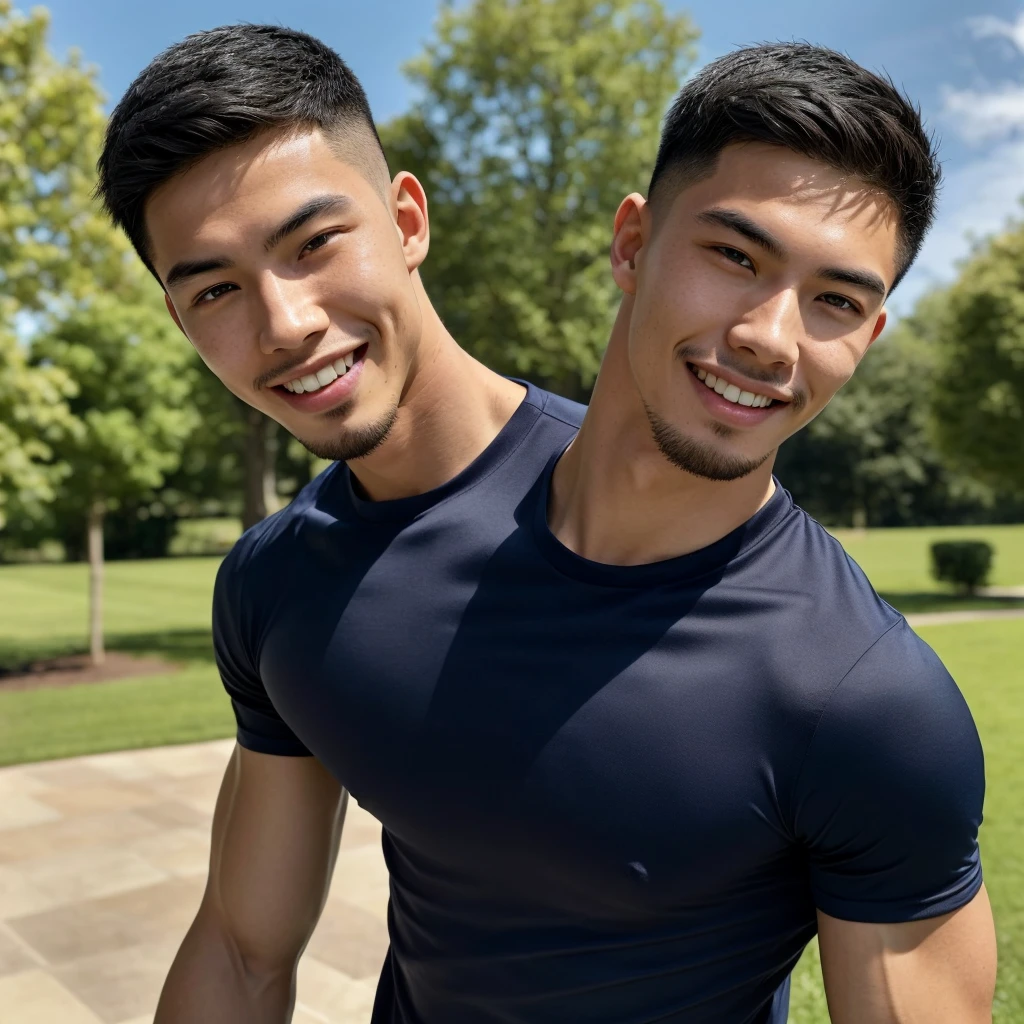 Tony Labrusca, (As a matter of fact, Masterpiece, 8k HD, good light quality, sportswear, fit the face, complicated details), A handsome, muscular young Korean man. , 20 years old, be happy, smile brightly, detailed face, delicate eyes, มองดูsky, Wear a navy tight T-shirt.:1.6, period, black eyes, Black hair color, ผมsmooth, smooth, outdoor sports, Along the garden, Sunny,sky,Surreal,Awesome details,Highest quality,real,Open your mouth to talk. , Close your eyes.