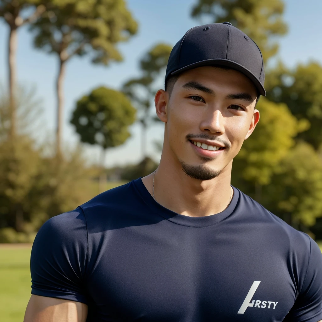 Tony Labrusca, (As a matter of fact, Masterpiece, 8k HD, good light quality, sportswear, fit the face, complicated details), A handsome, muscular young Korean man. , 20 years old, be happy, smile brightly, detailed face, delicate eyes, มองดูsky, Wear a navy tight T-shirt.:1.6, period, black eyes, Black hair color, ผมsmooth, smooth, outdoor sports, Along the garden, Sunny,sky,Surreal,Awesome details,Highest quality,real,Open your mouth to talk. , Close your eyes.