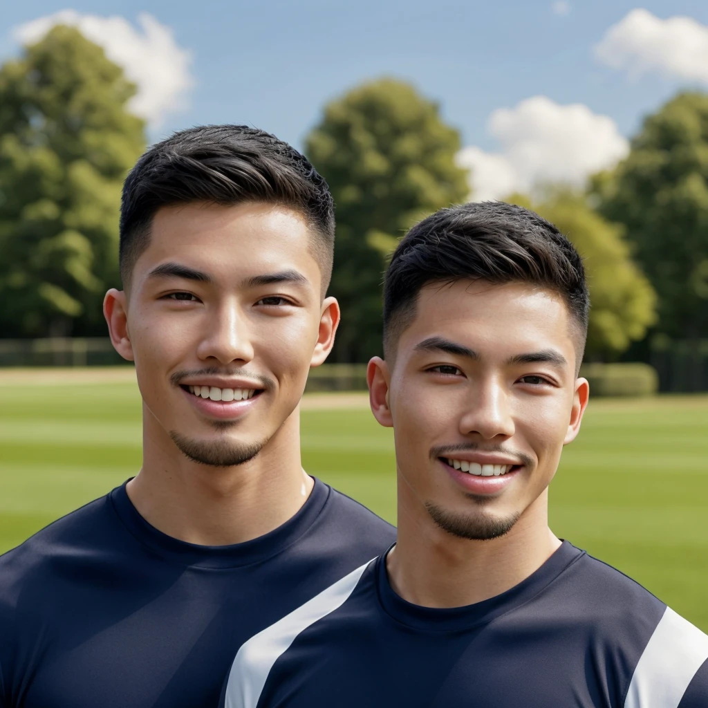 Tony Labrusca, (As a matter of fact, Masterpiece, 8k HD, good light quality, sportswear, fit the face, complicated details), A handsome, muscular young Korean man. , 20 years old, be happy, smile brightly, detailed face, delicate eyes, มองดูsky, Wear a navy tight T-shirt.:1.6, period, black eyes, Black hair color, ผมsmooth, smooth, outdoor sports, Along the garden, Sunny,sky,Surreal,Awesome details,Highest quality,real,Open your mouth to talk. , Close your eyes.