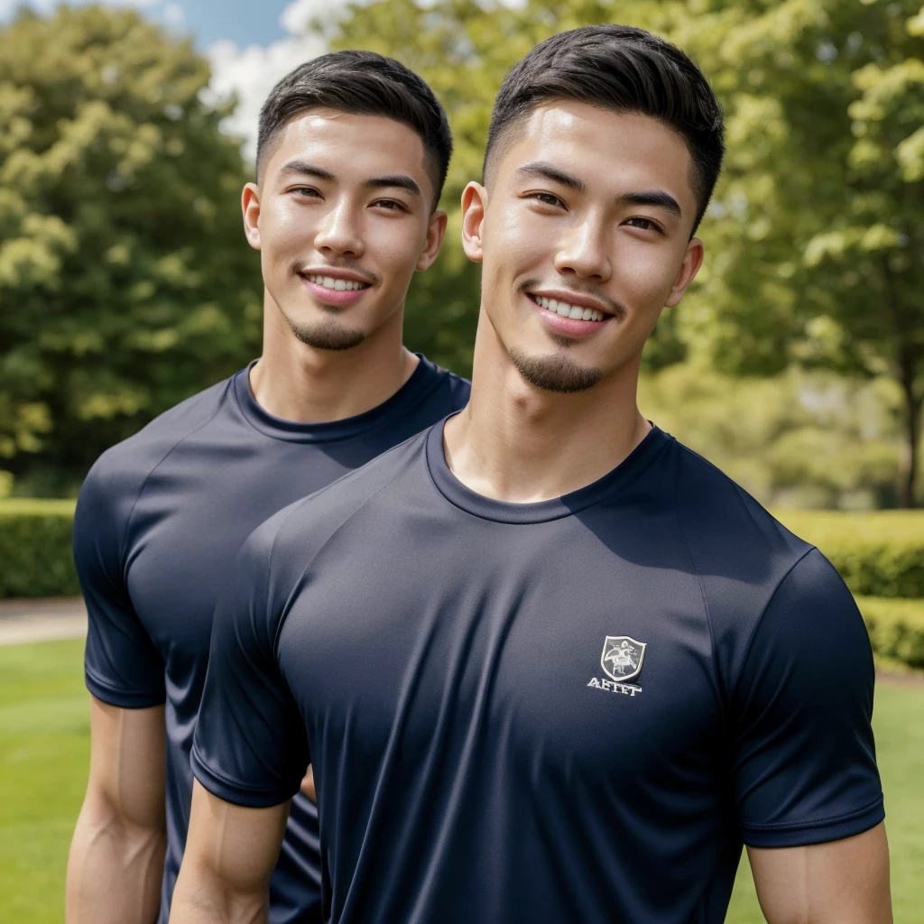 Tony Labrusca, (As a matter of fact, Masterpiece, 8k HD, good light quality, sportswear, fit the face, complicated details), A handsome, muscular young Korean man. , 20 years old, be happy, smile brightly, detailed face, delicate eyes, มองดูsky, Wear a navy tight T-shirt.:1.6, period, black eyes, Black hair color, ผมsmooth, smooth, outdoor sports, Along the garden, Sunny,sky，Surreal，Awesome details，Highest quality，real，Open your mouth to talk. , Close your eyes.