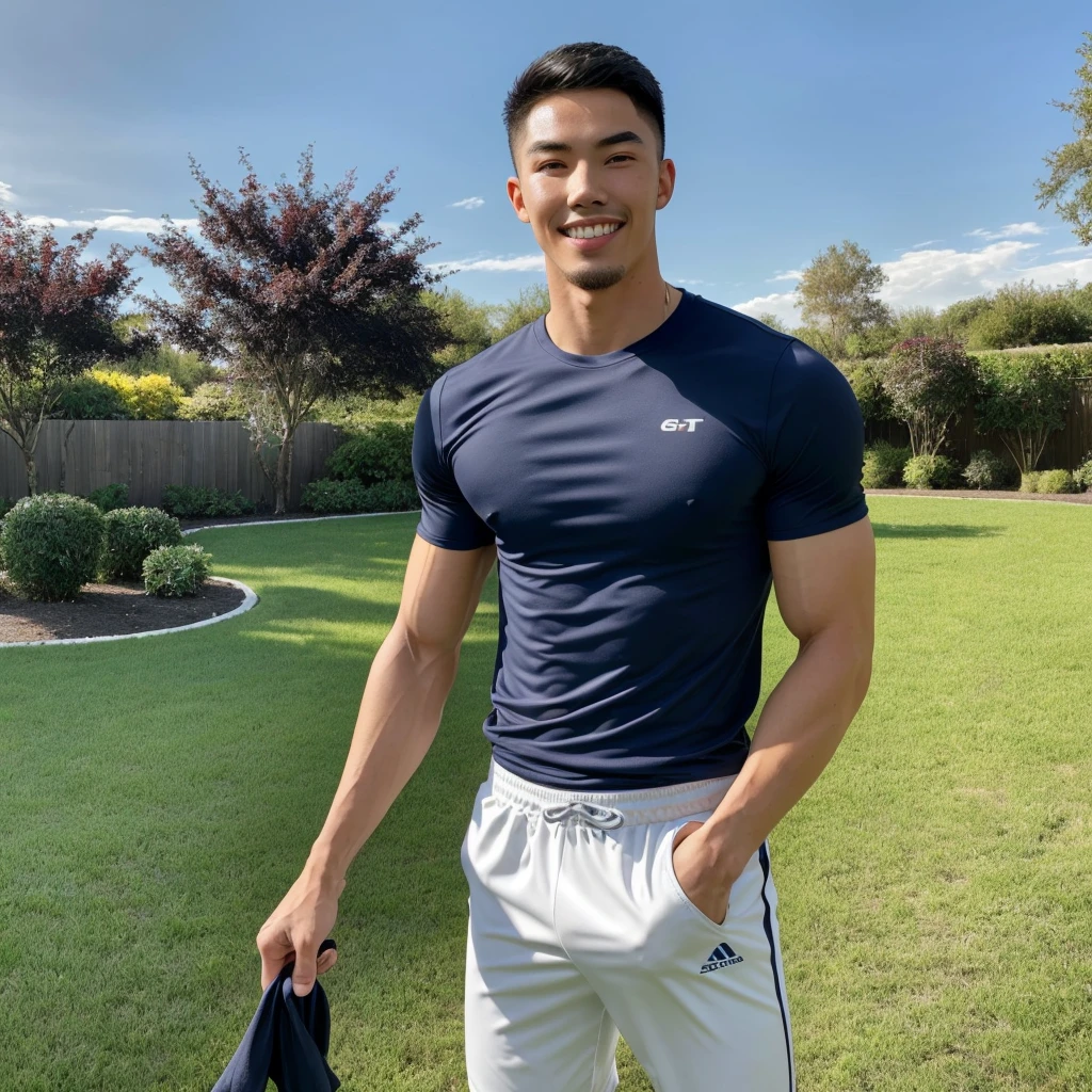 Tony Labrusca, (As a matter of fact, Masterpiece, 8k HD, good light quality, sportswear, fit the face, complicated details), A handsome, muscular young Korean man. , 20 years old, be happy, smile brightly, detailed face, delicate eyes, มองดูsky, Wear a navy tight T-shirt.:1.6, period, black eyes, Black hair color, ผมsmooth, smooth, outdoor sports, Along the garden, Sunny,sky，Surreal，Awesome details，Highest quality，real，Open your mouth to talk. , Close your eyes.