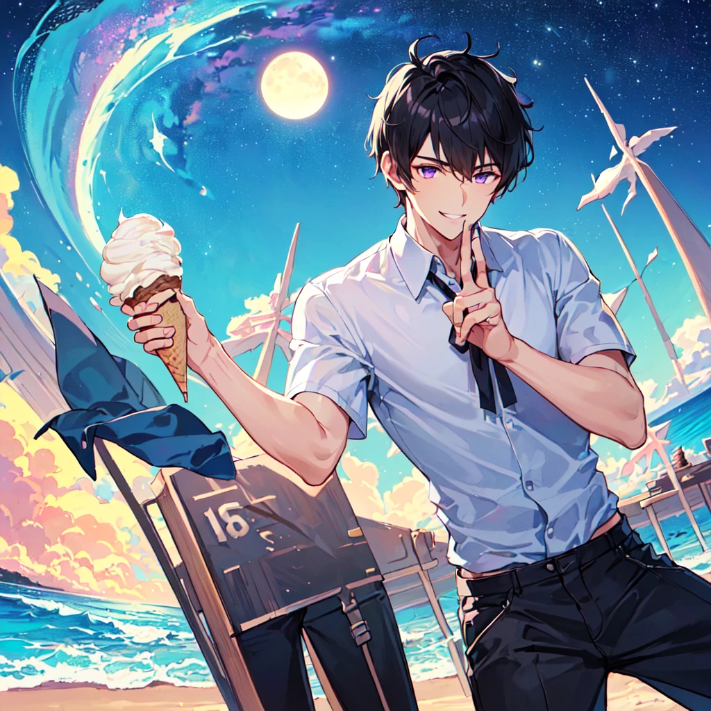 masterpiece,best quality,high quality,(1 male austere handsome solo adult age 30 years old:1.5), purple eyes, cool with suspended eyes, V-shaped eyebrows, body strong and fearless 8.5 head tall, height 185cm, (well-groomed black short hair down to neck:1.4), (bangs 7 thirds parted:1.4), slender nose, facial muscles, throat, (short-sleeved shirt and pants:1.3), (eating with soft ice cream), (stylish pose), (cool smile:1.3), (background ocean beach:1.3), (Milky Way Night Sky: 1.3)