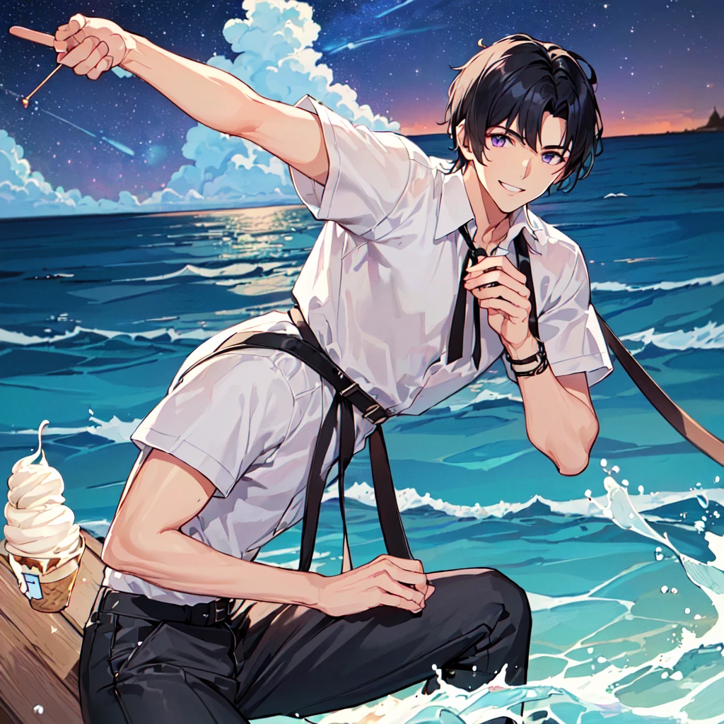 masterpiece,best quality,high quality,(1 male austere handsome solo adult age 30 years old:1.5), purple eyes, cool with suspended eyes, V-shaped eyebrows, body strong and fearless 8.5 head tall, height 185cm, (well-groomed black short hair down to neck:1.4), (bangs 7 thirds parted:1.4), slender nose, facial muscles, throat, (short-sleeved shirt and pants:1.3), (eating with soft ice cream), (stylish pose), (cool smile:1.3), (background ocean beach:1.3), (Milky Way Night Sky: 1.3)