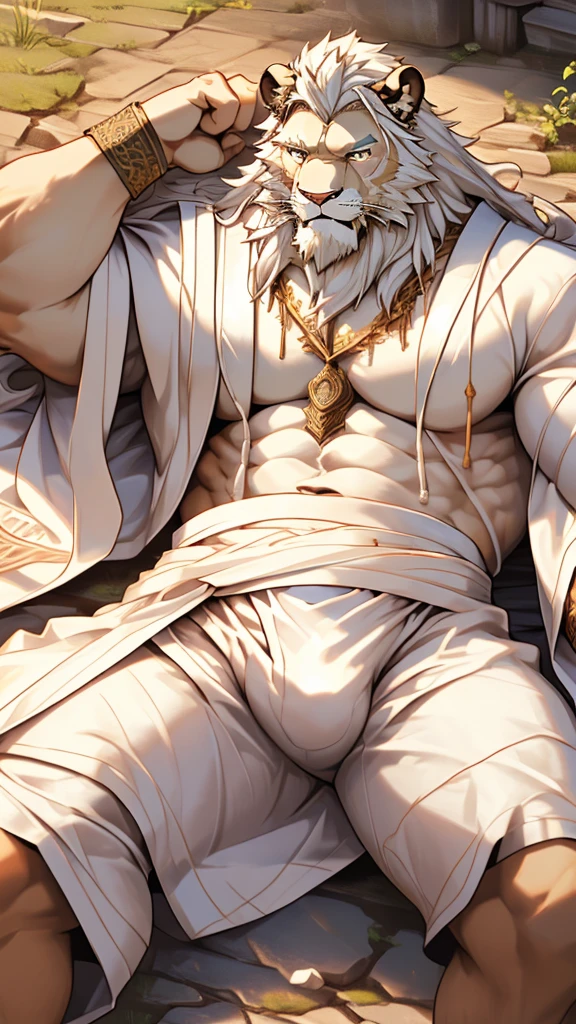 (masterpiece),(highres),(intricate details:1.4),extremely detailed,(illustration:1.2),8k,photorealistic,exquisite,,aged,elder male lion ,muscular, (Ancient Greek mythological style;1.8)(white robe:1.6),manhood,safeguard,(white hair:1.3),long hair,long white beard,scar,(badly damaged),(sacrifice),hurt,broken body ,(lying on the ground),(bulging crotch:1.8),(homosexual),(sexy)