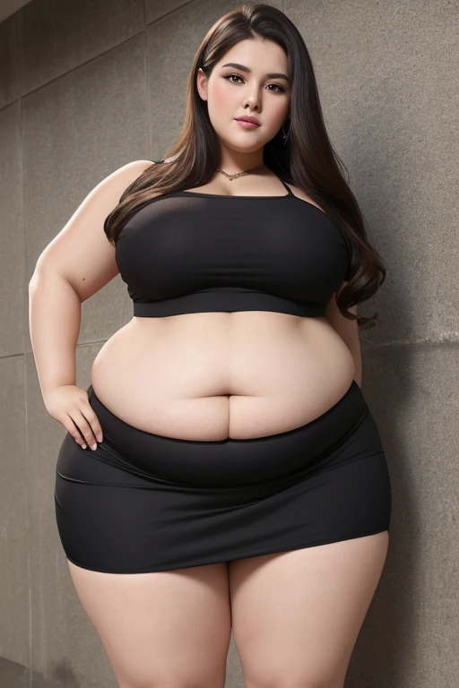 best quality, masterpiece, Weight 120 kg, extreme obesity, severe abdominal obesity, severe visceral obesity, Belly fat is prominent, severe abdominal obesity, mini skirt, high heel, ssbbw, fat body type
