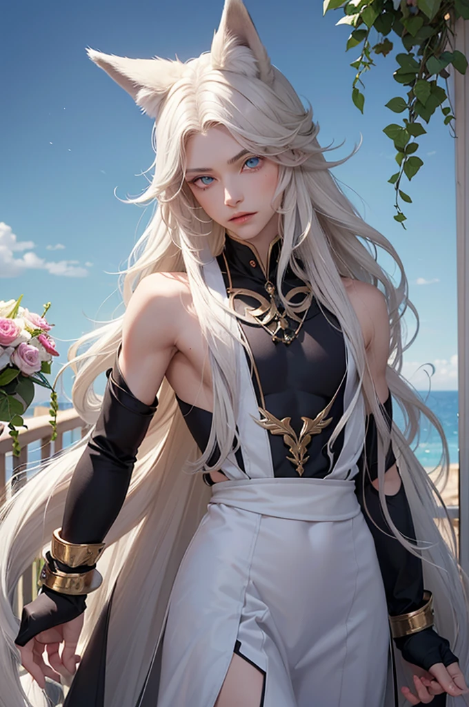 Androgynous young man, very long wavy blond hair, tight-fitting clothing, kemonomimi, fox ear, fox tail, different-colored eyes, light-colored eyes, long eyelashes, looking at camera, close-up portrait, man, garden, flower, one gray eye and one blue eye, bare torso.