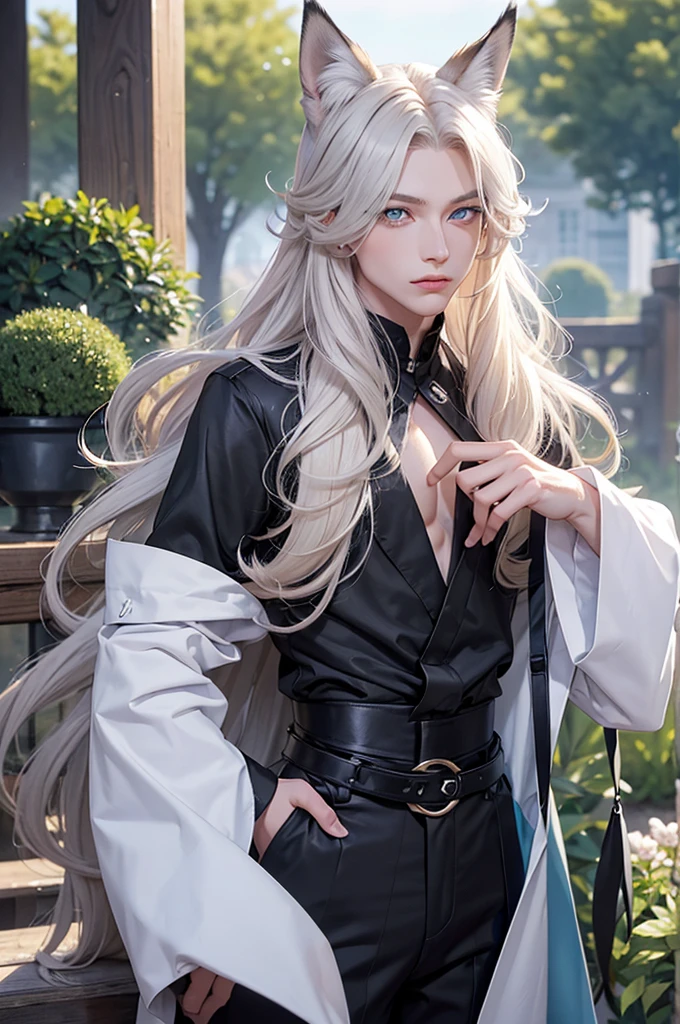 Androgynous young man, very long wavy blond hair, tight-fitting clothing, kemonomimi, fox ear, fox tail, different-colored eyes, light-colored eyes, long eyelashes, looking at camera, close-up portrait, man, garden, flower, one gray eye and one blue eye, bare torso.