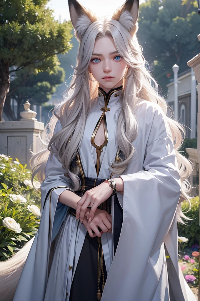 Androgynous young man, very long wavy blond hair, tight-fitting clothing, kemonomimi, fox ear, fox tail, different-colored eyes, light-colored eyes, long eyelashes, looking at camera, close-up portrait, man, garden, flower, one gray eye and one blue eye, bare torso.