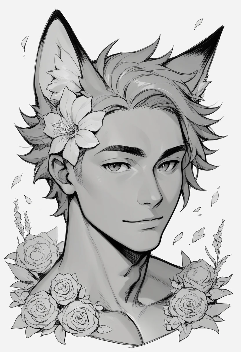 masterpiece, Top-class, Fox Ears, male , alone, Bust close-up, flower Line art background, White Background, Monochrome, Line art, ((sketch))