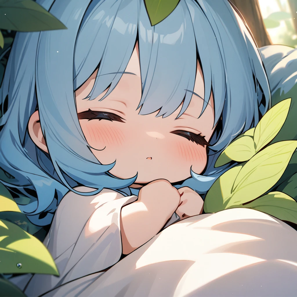 Top quality, masterpiece, fairy girl, blue hair, chibi character, sleeping comfortably, close-up, beautiful forest