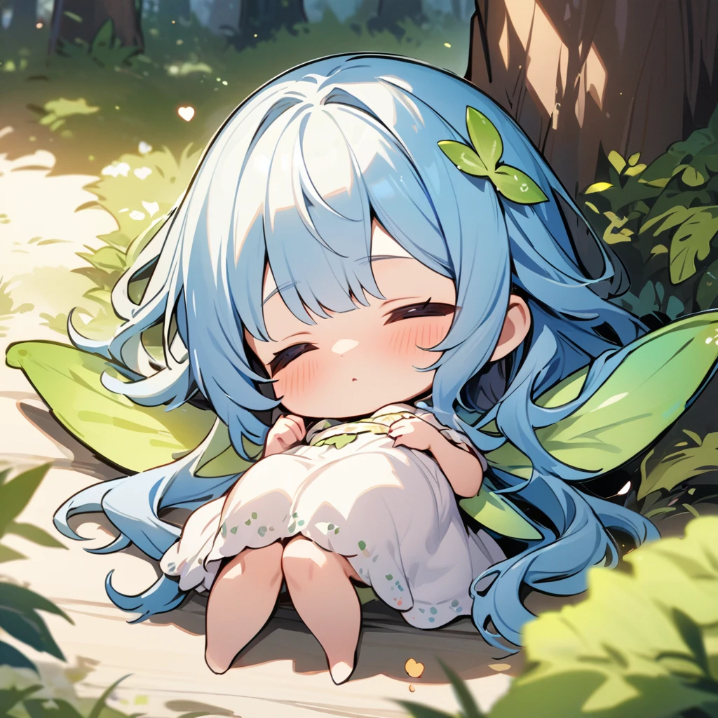 Top quality, masterpiece, fairy girl, blue hair, chibi character, sleeping comfortably, close-up, beautiful forest