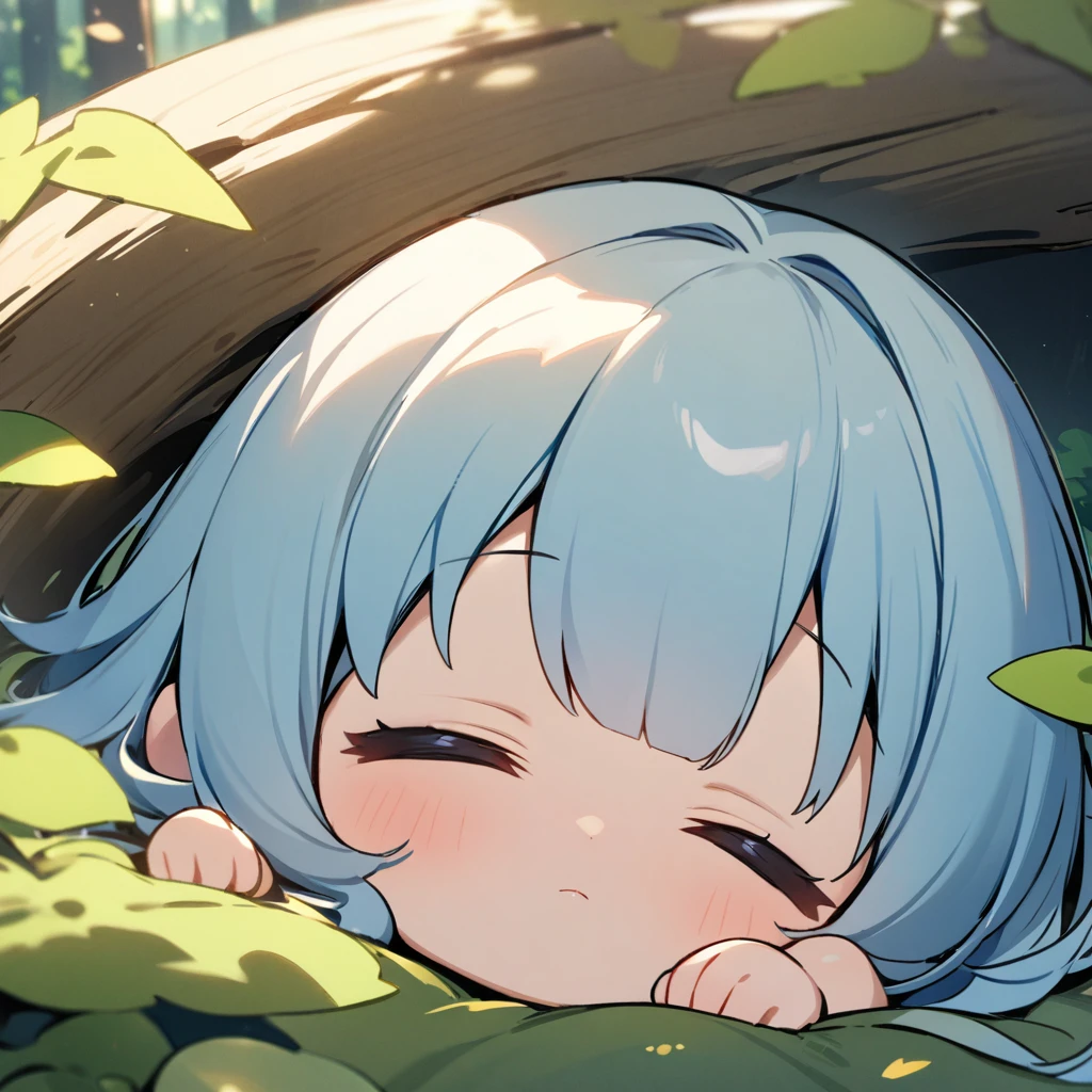 Top quality, masterpiece, fairy girl, blue hair, chibi character, sleeping comfortably, close-up, beautiful forest