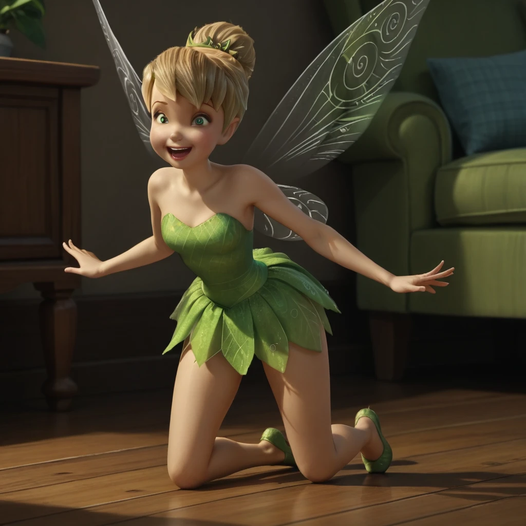 score_9, score_8_up, score_7_up, score_6_up, score_5_up, score_4_up, Tinkerbell, fairy wings, standing on the floor, happy,