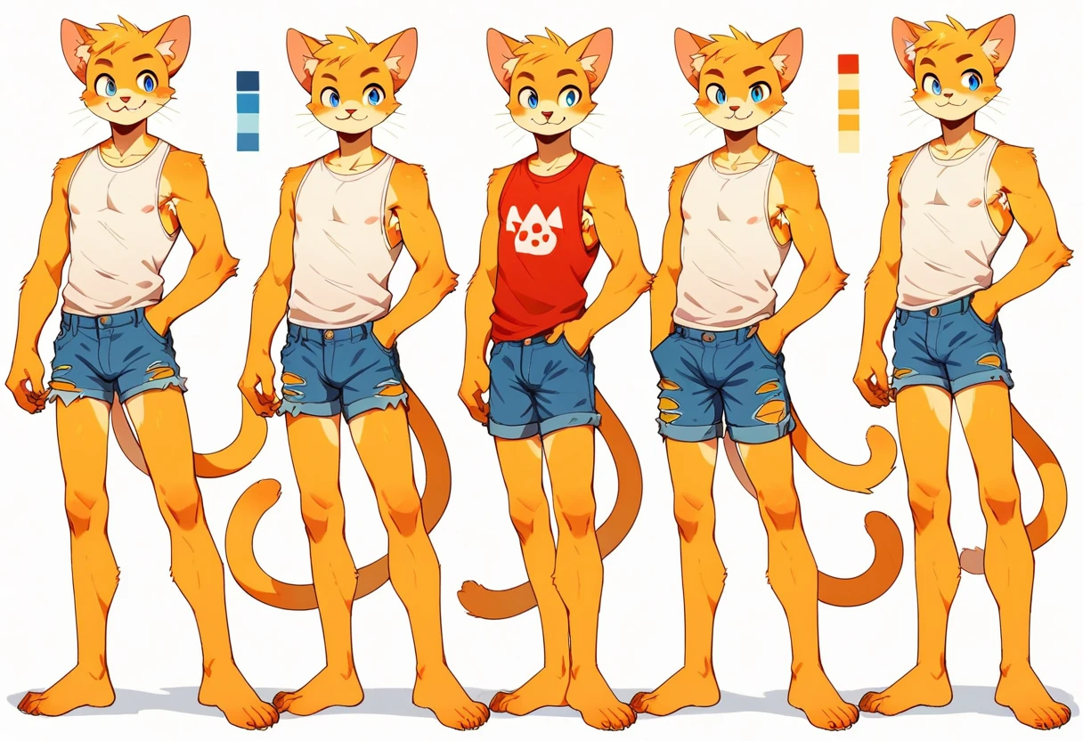 score_9, score_8_up, score_7_up, male, furry, full length, high quality, hires, anthro, teenager, young, 18 years old, domestic cat, yellow fur, blue eyes, handsome, happy, humanoid feet, slim build, slender body, prominent v-line, toned slender legs, chiseled knees, denim ripped shorts, white sleeveless t-shirt white background, treasure trail, armpit hair, furry legs, bulge, different poses