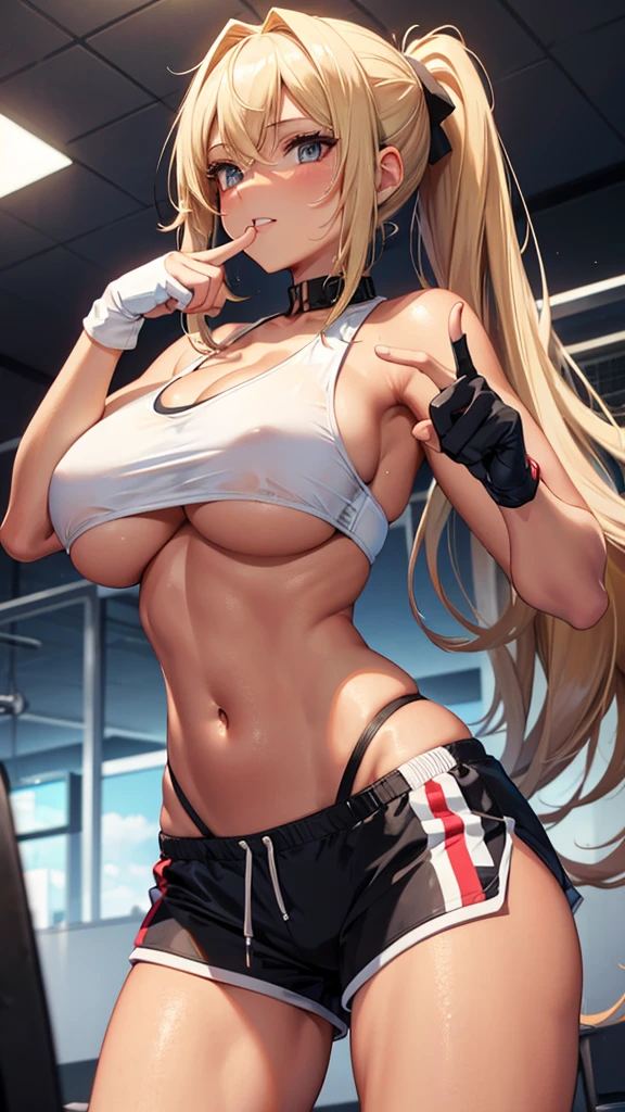 One woman,Big Breasts,Tanned blonde woman with long ponytail,White tank top showing her underboobs,Shorts,Open Finger Gloves,Gym