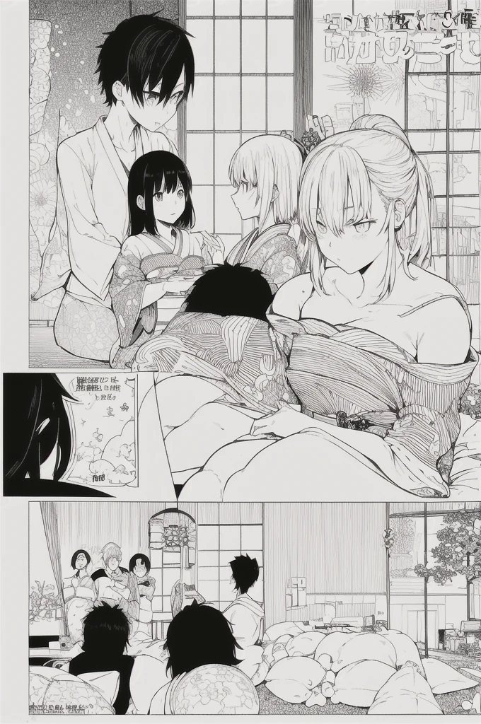 ((Japanese manga/comic style)). (Black and white illustration, grayscale). Scene: Living room. Friends are gathered together and secretly preparing a surprise birthday party.ロ,