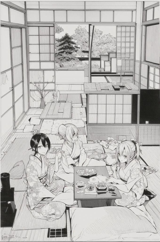 ((Japanese manga/comic style)). (Black and white illustration, grayscale). Scene: Living room. Friends are gathered together and secretly preparing a surprise birthday party.ロ,