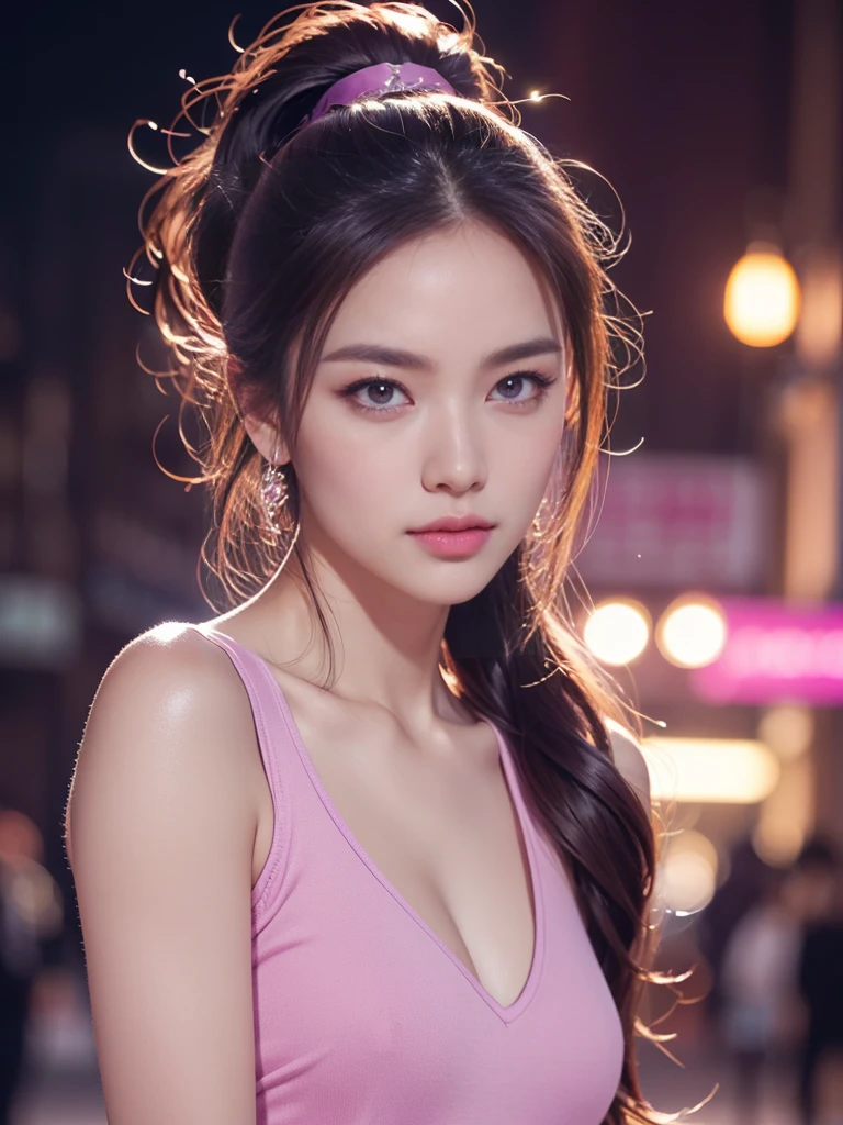 a beautiful woman with a perfect face, mature, with a ponytail and swept-back hair, wearing sports wear, posing in a night park, (best quality,4k,8k,highres,masterpiece:1.2),ultra-detailed,(realistic,photorealistic,photo-realistic:1.37),mature woman, beautiful detailed eyes,beautiful detailed lips,extremely detailed eyes and face,longeyelashes,full body,perfect body,fit,healthy,charming,sexy,model,pink and purple color tone,warm lighting