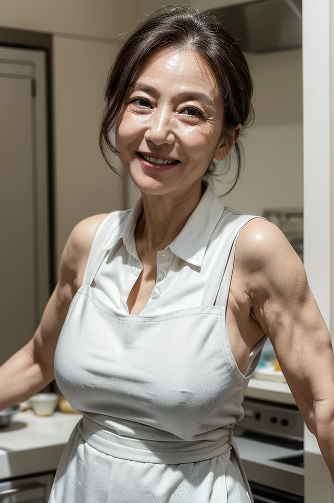 (masterpiece:1.4),(60-year-old woman:1.5),(facial wrinkles 1.2), (hair tied up : 1), A kind smile,maternal, Mature Woman, (white apron : 1.3), ( sleeveless collared uniform : 1.2), acnes, skin blemishes, fleckles,(plump arms : 1.3), kitchen