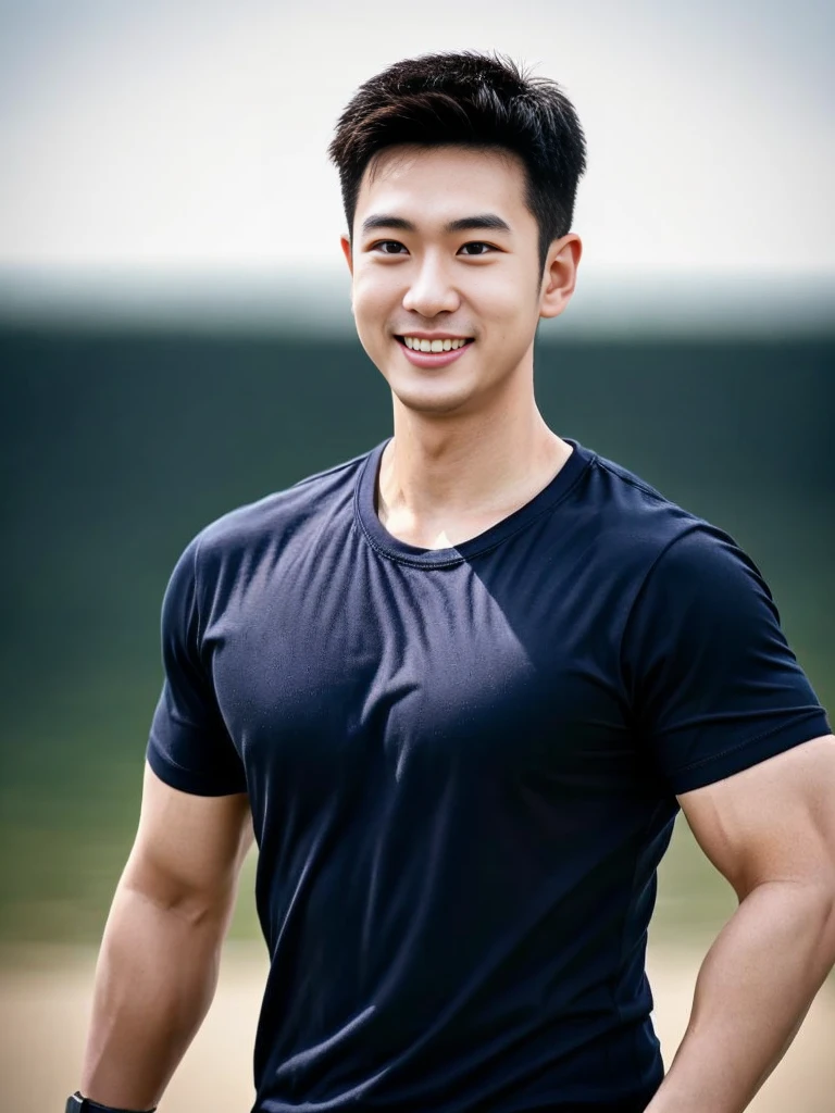(Create a masterpiece: 1.2),(CGI art:1.3),(realistic:1.5),(After processing:1.3), (Sharp focus:1.3), 1 man, open mouth, smile, (Navy blue round neck shirt), Navy cargo pants, Korean guy , korean men, (High gloss details), chest muscles, large arm muscles, blood vessel, Big muscles, Broad shoulders, looking at the audience, Balancing the eyes, Seaside, beach, sunlight, running towards the camera