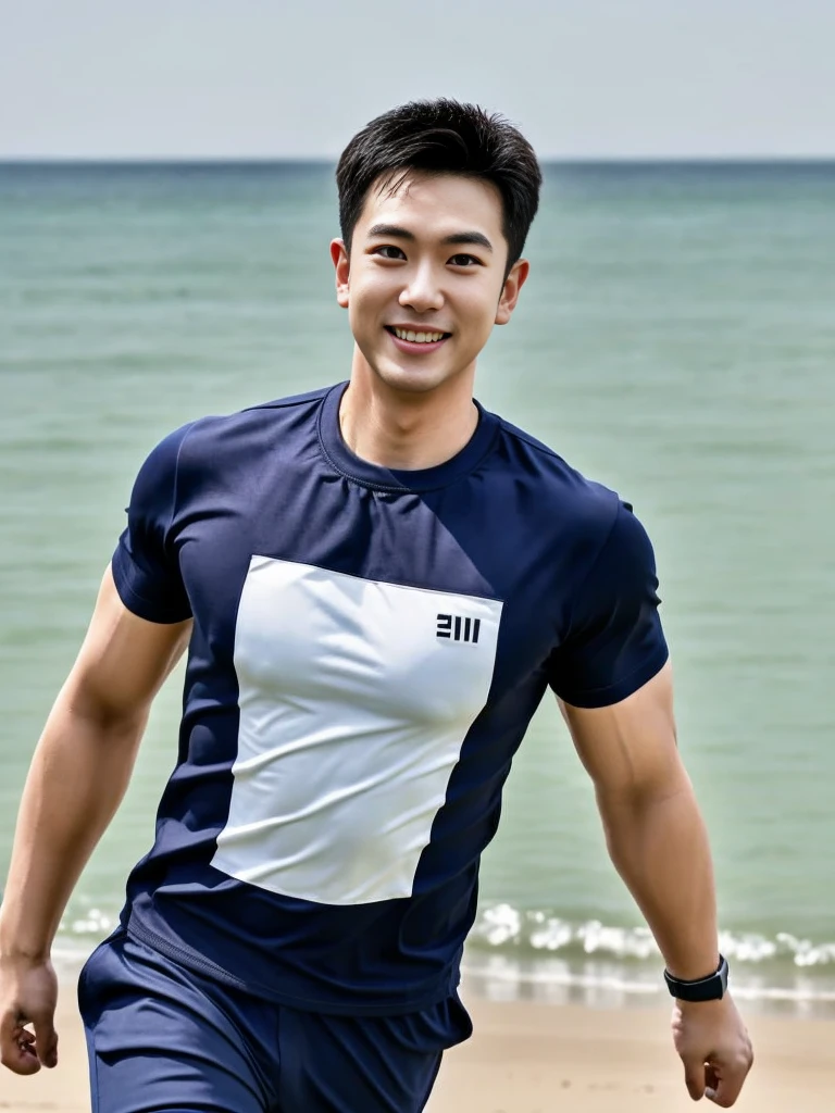 (Create a masterpiece: 1.2),(CGI art:1.3),(realistic:1.5),(After processing:1.3), (Sharp focus:1.3), 1 man, open mouth, smile, (Navy blue round neck shirt), Navy cargo pants, Korean guy , korean men, (High gloss details), chest muscles, large arm muscles, blood vessel, Big muscles, Broad shoulders, looking at the audience, Balancing the eyes, Seaside, beach, sunlight, running towards the camera