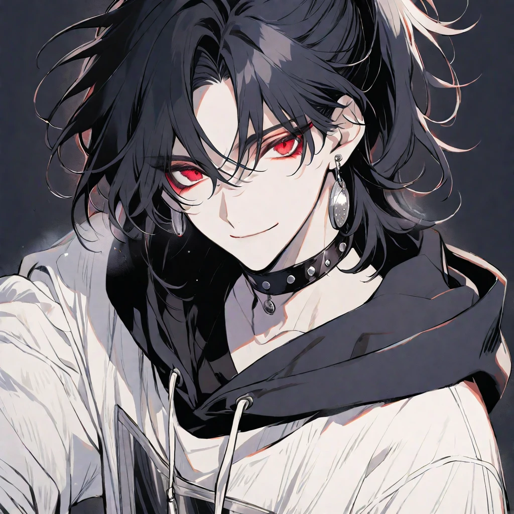 Solo,handsome, monotone,
1. male,
,Straight Hair,Bob Hair, ponytail,
black hair, 
Gojo Satoru ,
red Eyes,Soft look,beautiful,sexly,Darkness,Lots of silver earrings,choker,
White Distressed jeans, hoodie ,smile,skin,buzzer,
simple background ,
black background,