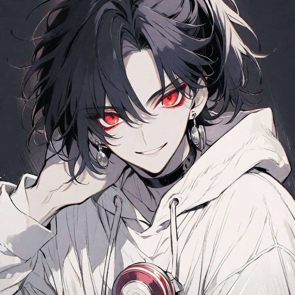 Solo,handsome, monotone,
1. male,
,Straight Hair,Bob Hair, ponytail,
black hair, 
Gojo Satoru ,
red Eyes,Soft look,beautiful,sexly,Darkness,Lots of silver earrings,choker,
White Distressed jeans, hoodie ,smile,skin,buzzer,
simple background ,
black background,