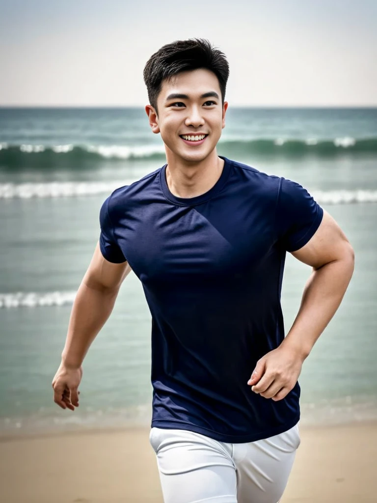 A male police officer in his 20s poses for a group photo., Wear a navy blue polo shirt., high resolution, Masterpiece, best quality, head:1.3,, Smooth and fine skin, clear focus, (movie light), during the night, gentle light, Dynamic angle, (detailed face:1.2), (((exercise))), sport, His arm muscles were very big., hand in crotch, in his bedroom ,natural and delicate,