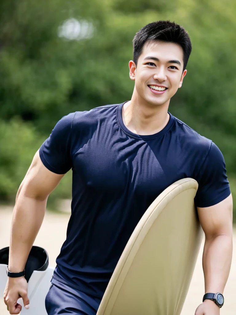 (Create a masterpiece: 1.2),(CGI art:1.3),(realistic:1.5),(After processing:1.3), (Sharp focus:1.3), 1 man, open mouth, smile, (Navy blue round neck shirt), Navy cargo pants, Korean guy , korean men, (High gloss details), chest muscles, large arm muscles, blood vessel, Big muscles, Broad shoulders, looking at the audience, Balancing the eyes, Seaside, beach, sunlight, running towards the camera