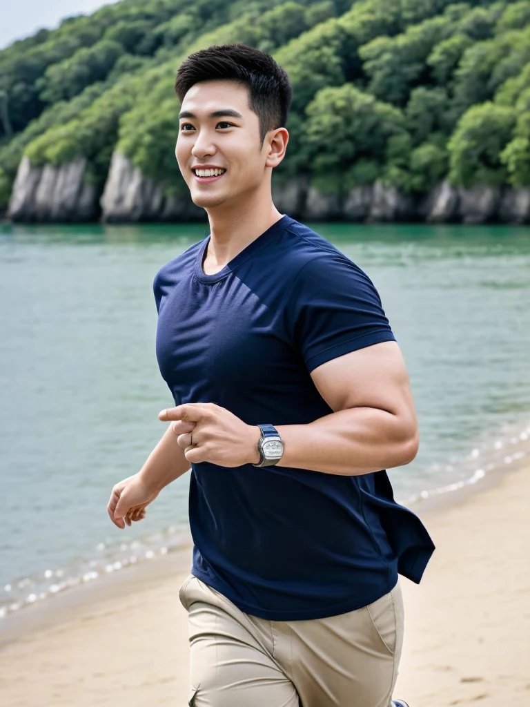 (Create a masterpiece: 1.2),(CGI art:1.3),(realistic:1.5),(After processing:1.3), (Sharp focus:1.3), 1 man, open mouth, smile, (Navy blue round neck shirt), Navy cargo pants, Korean guy , korean men, (High gloss details), chest muscles, large arm muscles, blood vessel, Big muscles, Broad shoulders, looking at the audience, Balancing the eyes, Seaside, beach, sunlight, running towards the camera