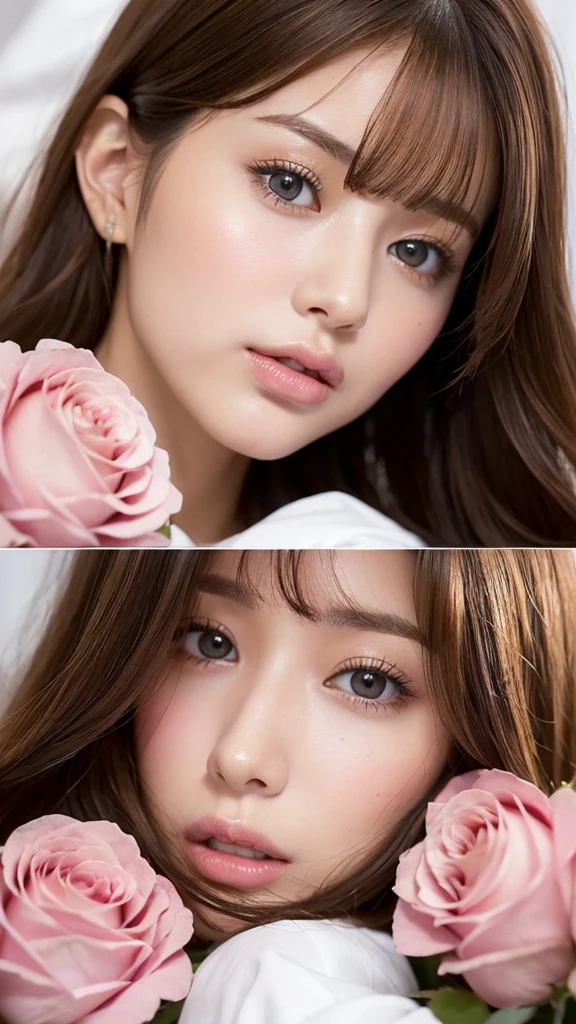 beautiful European woman, really has a European face. has wavy hazel brown hair and parted bangs. sharp sea blue eyes, sharp nose, soft pink lips, and slim has white skin, thick straight eyebrows, is sleeping in a pile of pink roses, is tied by a chain and his hands are also tied and bleeding.then add effects
