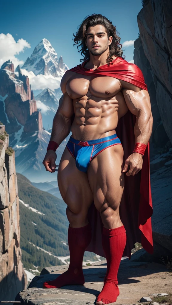 (muscular cute beautiful young boy Arion), huge strong biceps volume, enormous round exposed chest muscles volume, strong muscular legs, exposed abs skin, tight blue trunks, red cape, high socks, huge cock bulge, mountains background, wavy hair, oiled up reflective skin, sexy body