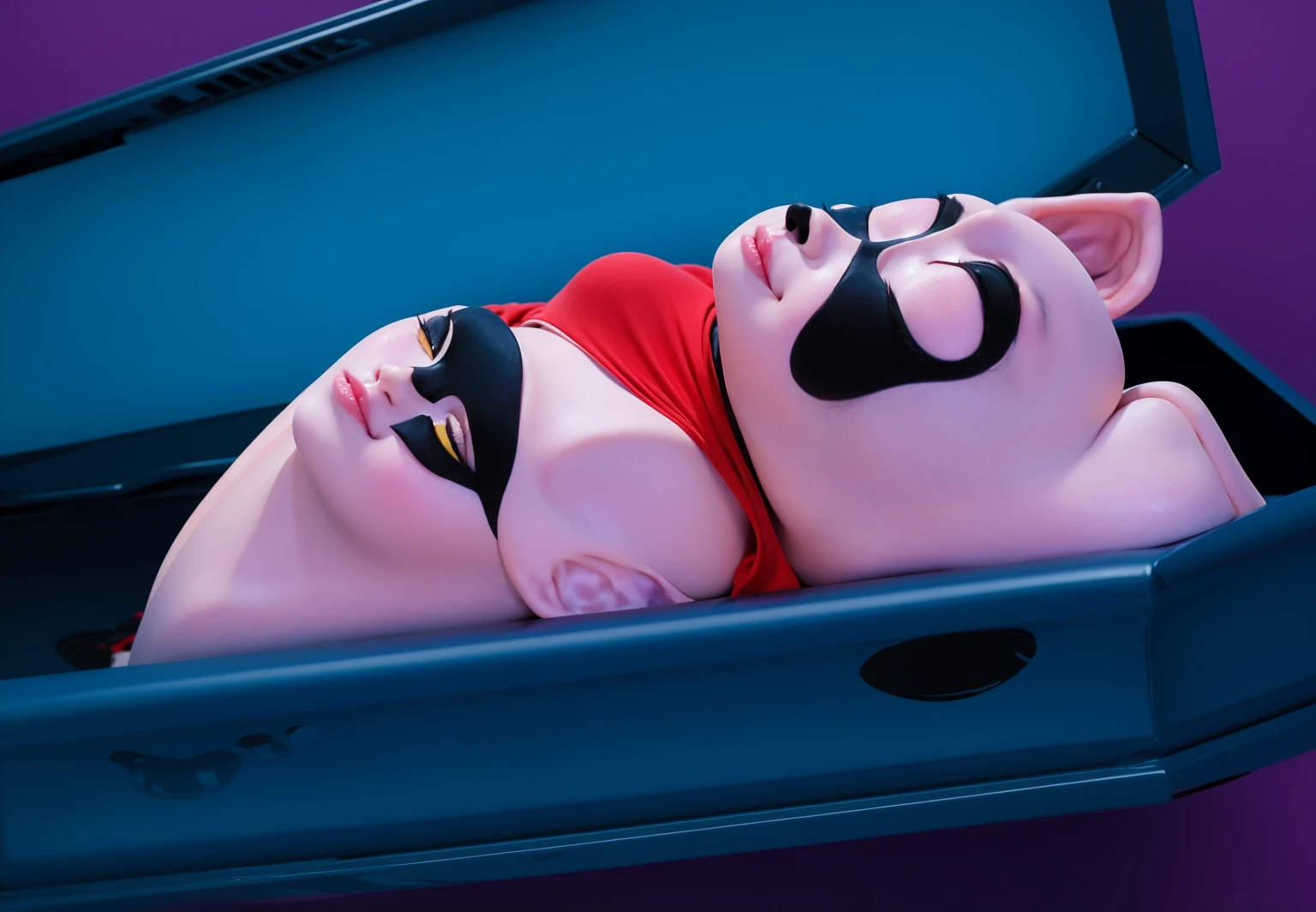 purple cartoon 3D raccoon lies dead in a coffin with his eyes closed and his arms folded on his chest This image features a cartoonish raccoon character lying in a blue coffin. The raccoon is dressed in a purple outfit with a red scarf and has a black mask painted on its face. The character appears to purple cartoon 3D raccoon lies dead in a coffin with his eyes closed and his arms folded on his chest be peacefully resting with its eyes closed. The scene is set against a gradient blue background, which enhances the somber yet whimsical nature of the image. The bright colors of the raccoon's outfit and the coffin create a striking purple cartoon 3D raccoon lies dead in a coffin with his eyes closed and his arms folded on his chest contrast, adding to the surreal and imaginative quality of the scene purple cartoon 3D raccoon lies dead in a coffin with his eyes closed and his arms folded on his chest