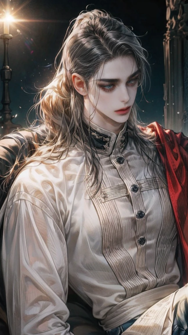 One man, pretty man, emo, very long hair, black hair, high pony tail hairstyle, messy hair, waisted ripped jeans, very dark atmosphere, little bit of sunlight, depressed, expressionless, gray eyes, manly, 5hin., manly, masculine
