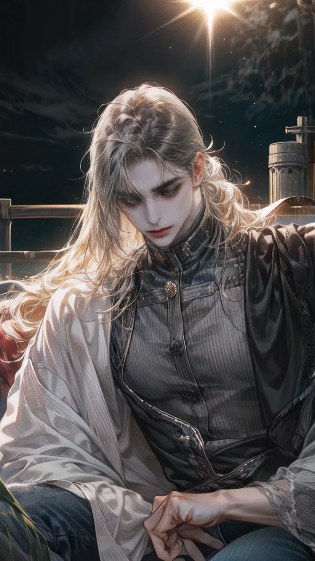 One man, pretty man, emo, very long hair, black hair, high pony tail hairstyle, messy hair, waisted ripped jeans, very dark atmosphere, little bit of sunlight, depressed, expressionless, gray eyes, manly, 5hin., manly, masculine