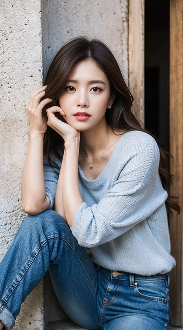 Dark brown hair、Light brown eyes、Japanese actress、 Lady、I40歳くらいです.、(Intricate details:1.2)、(Which is the top???:1.4)、 (Ultra-high resolution:1.2)、Ultra-high resolution、(Finely tuned)、(Detailed facial features)、Hmph、8K resolution、D cup size breasts、Long Hair、Enjoying the sun and shade in Los Angeles、relax、、,Full body photo、Head to toe shot、Beautiful feet、camisole、Denim pants、Blackpink Jenny　I、Take this photo、Beautiful feet、she, Fashion Hub, Attention to detail, Very detailed, Realistic, Hourglass Shaped Body, Obscene pose,Leaning against a wall、Place your head against the wall and lift your chin slightly.........、Poses that make you feel weak、Are crying、Deep sorrow、My eyes and cheeks are wet with tears、