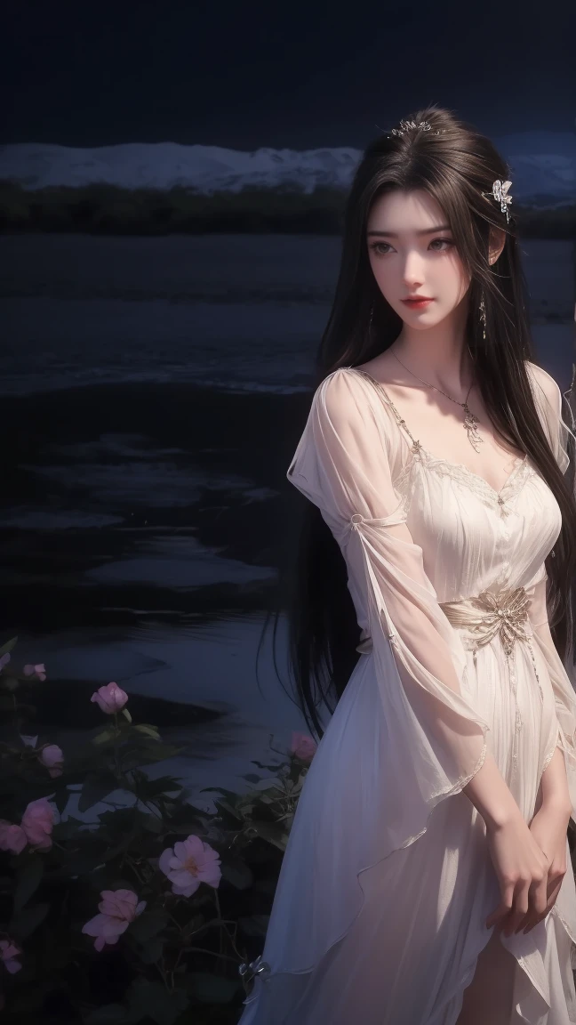 1girl, girl with long black hair, smiling, cheerful, girl is standing among a wide expanse of flowers,girl posing gracefully , surrounded by beautiful flowers, Calm and peaceful atmosphere, night, moonlight , Beautiful glowing butterflies surround the girl lighting up the darkness of the night, magic,Romantic, the night breeze blows the Sepoi Sepoi girl's hair,